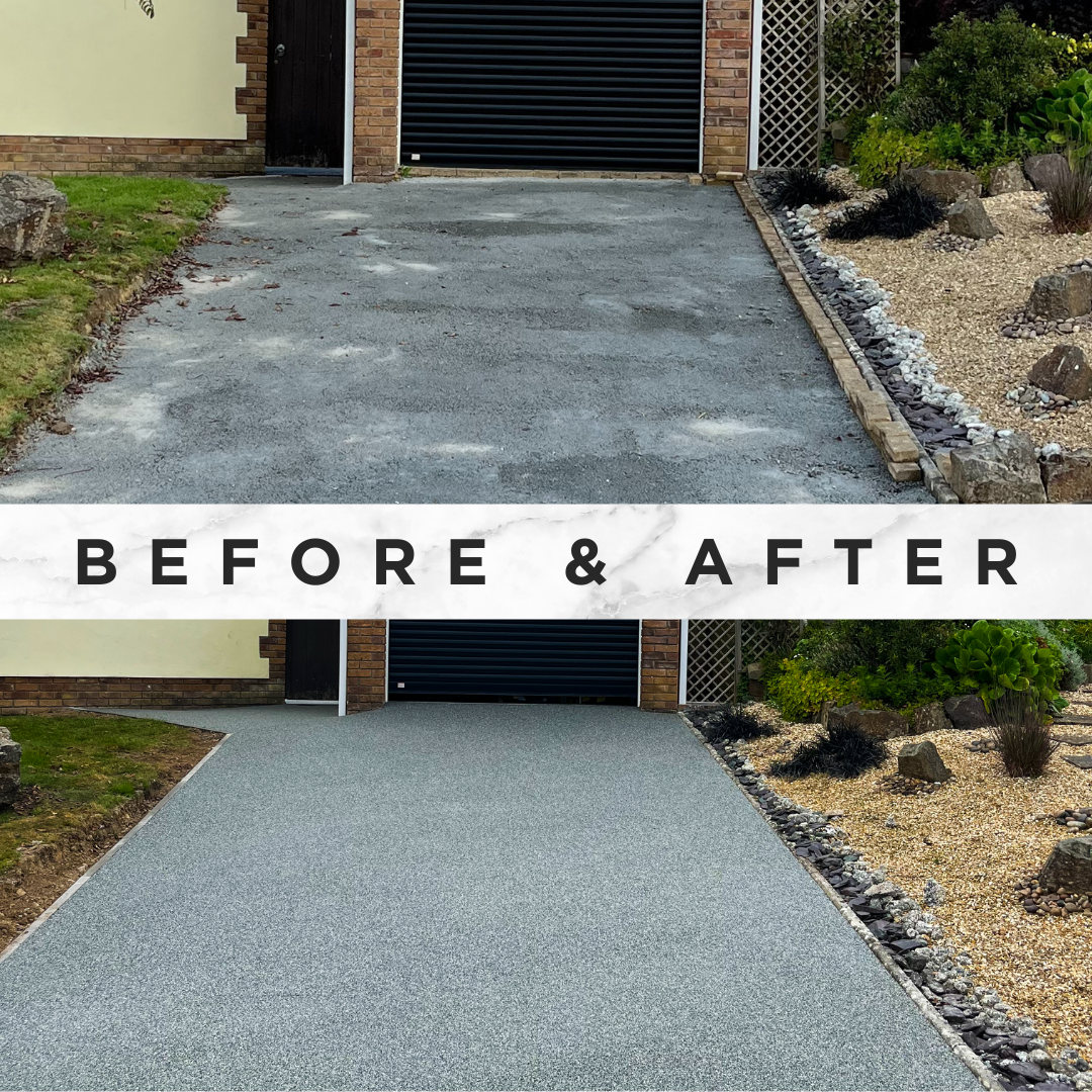 Before and after driveway transformation with Addagrip Terraco's Stonebound: Castle Grey.