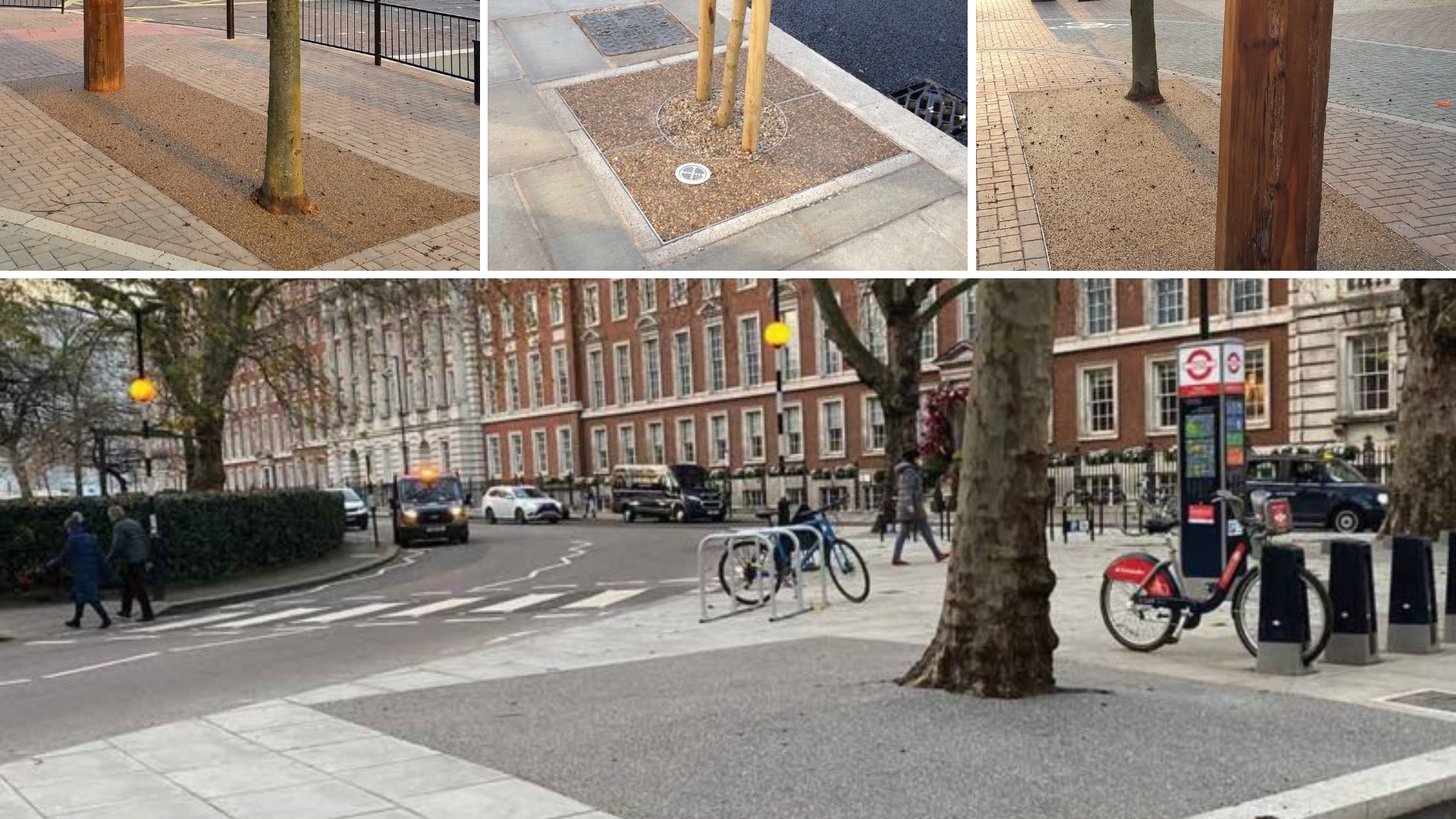 Compilation of three images showcasing Addastone TP, Tree Pit Solution.