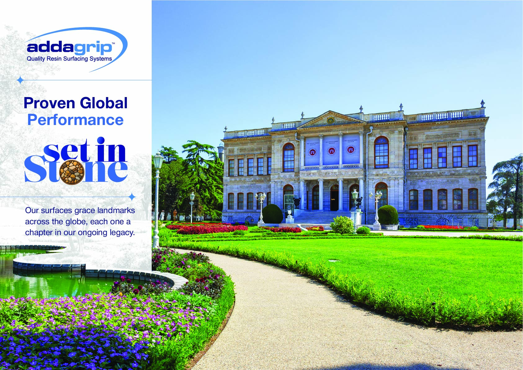 "Addagrip resin-bound surface at Dolmabahçe Palace in Turkey, representing global installation capability."