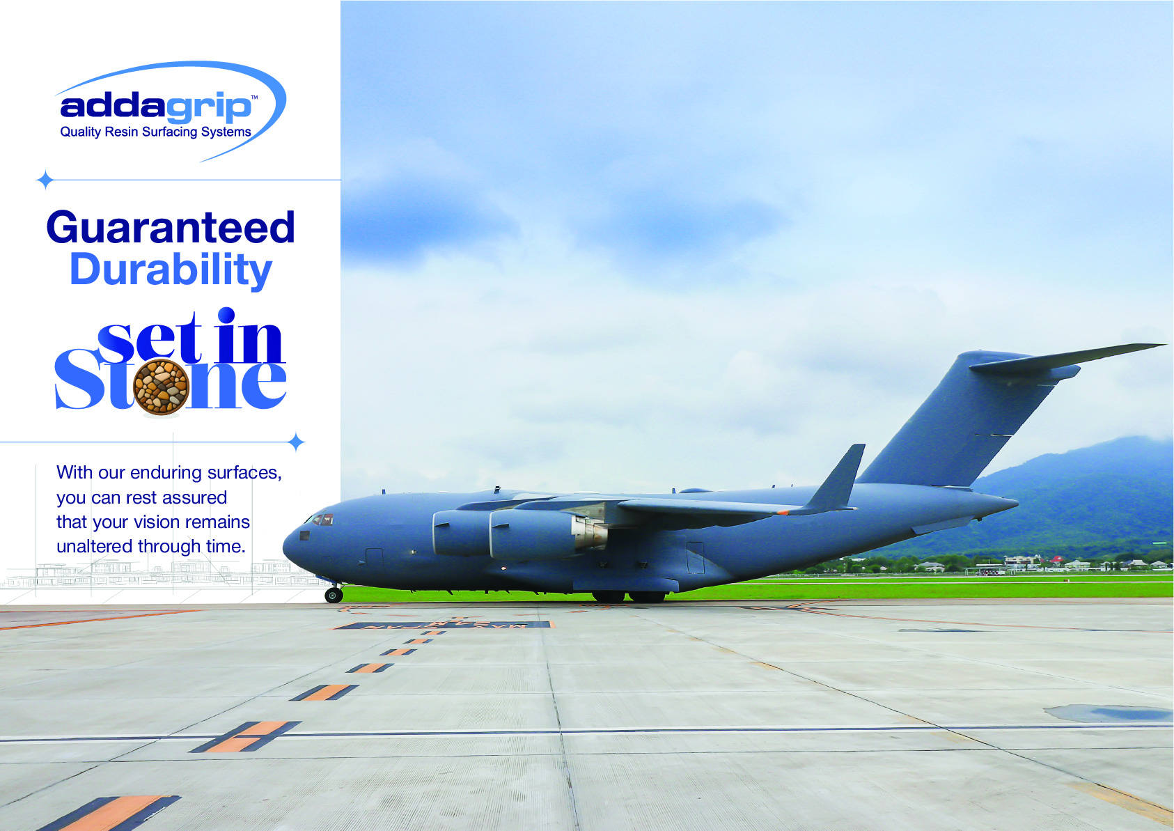 "Military aircraft on a runway, symbolising the durability and performance of Addagrip surfacing systems."
